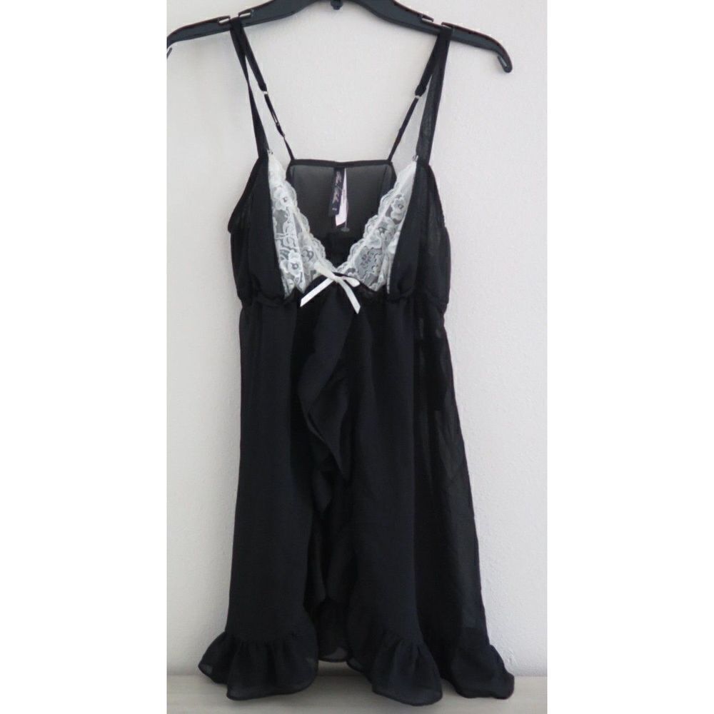 Flora's Follies T8680R Women's Sz M Black/White Lace Sexy Sheer Lingerie Nightie